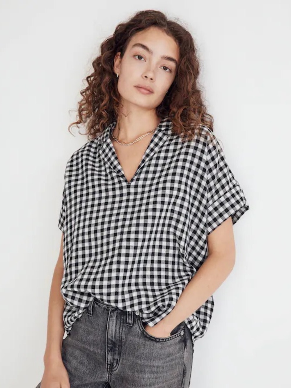 Madewell Swenson Popover Gingham Shirt Black and White Women’s Small 100% Cotton